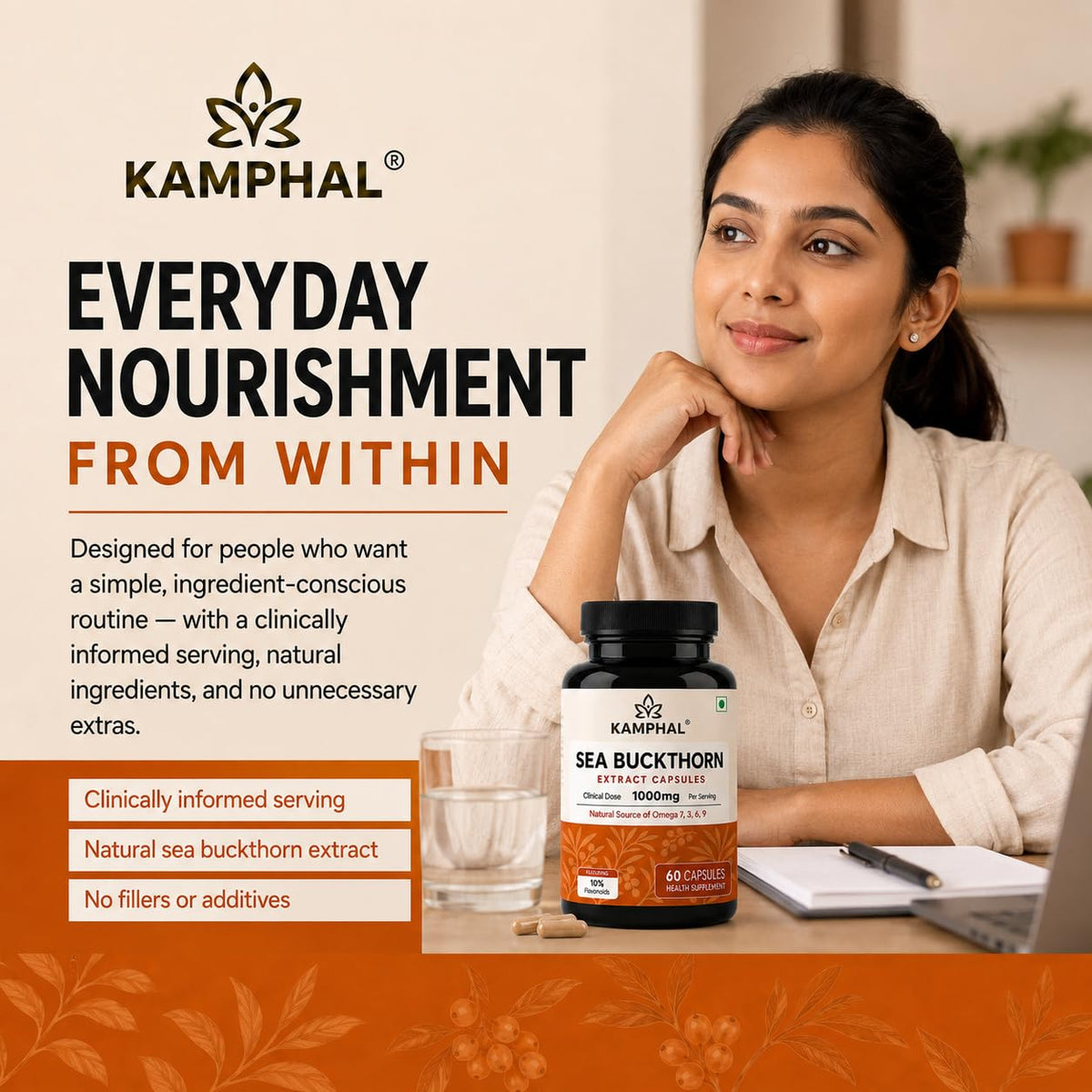 Sea Buckthorn Capsules | 1000mg Per Serving | 10% Flavonoids + Omega 3, 6, 7 & 9 | Antioxidant, Skin & Immunity Support | No Fillers or Additives | 60 Veg Capsules