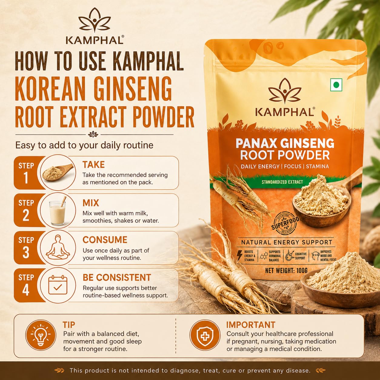 Panax Ginseng Powder 100g | Standardised Extract Korean Red Ginseng Root Powder | Supports Energy, Stamina & Focus | Cognitive Support | Natural Herbal Supplement for Men & Women