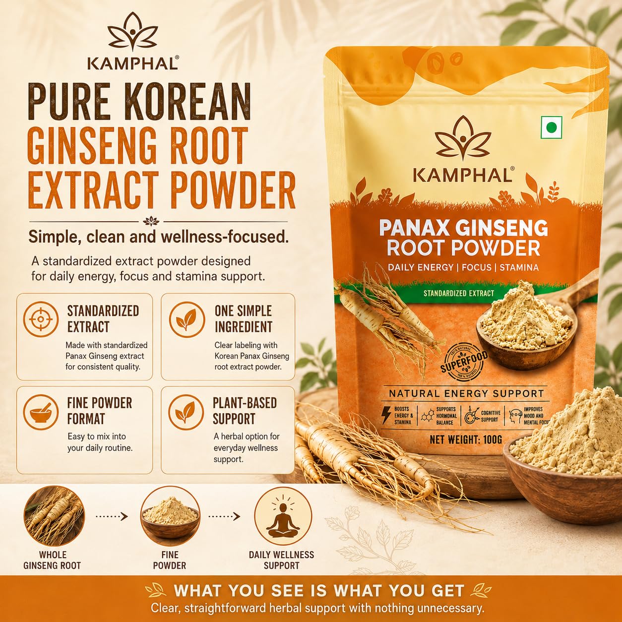 Panax Ginseng Powder 100g | Standardised Extract Korean Red Ginseng Root Powder | Supports Energy, Stamina & Focus | Cognitive Support | Natural Herbal Supplement for Men & Women
