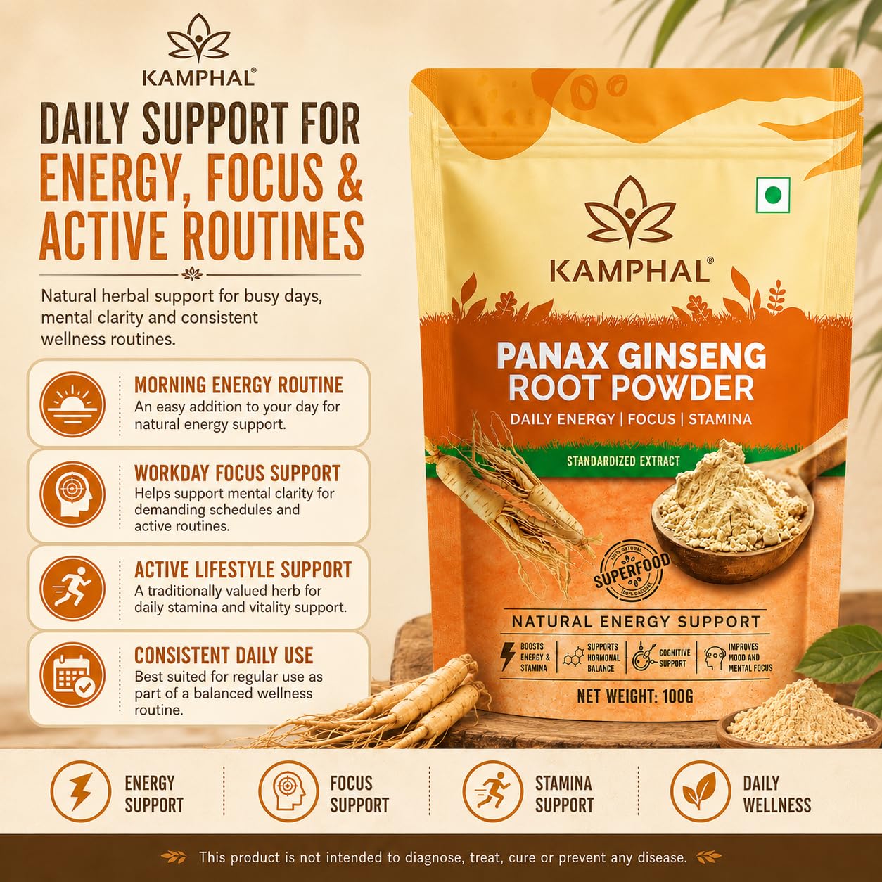 Panax Ginseng Powder 100g | Standardised Extract Korean Red Ginseng Root Powder | Supports Energy, Stamina & Focus | Cognitive Support | Natural Herbal Supplement for Men & Women