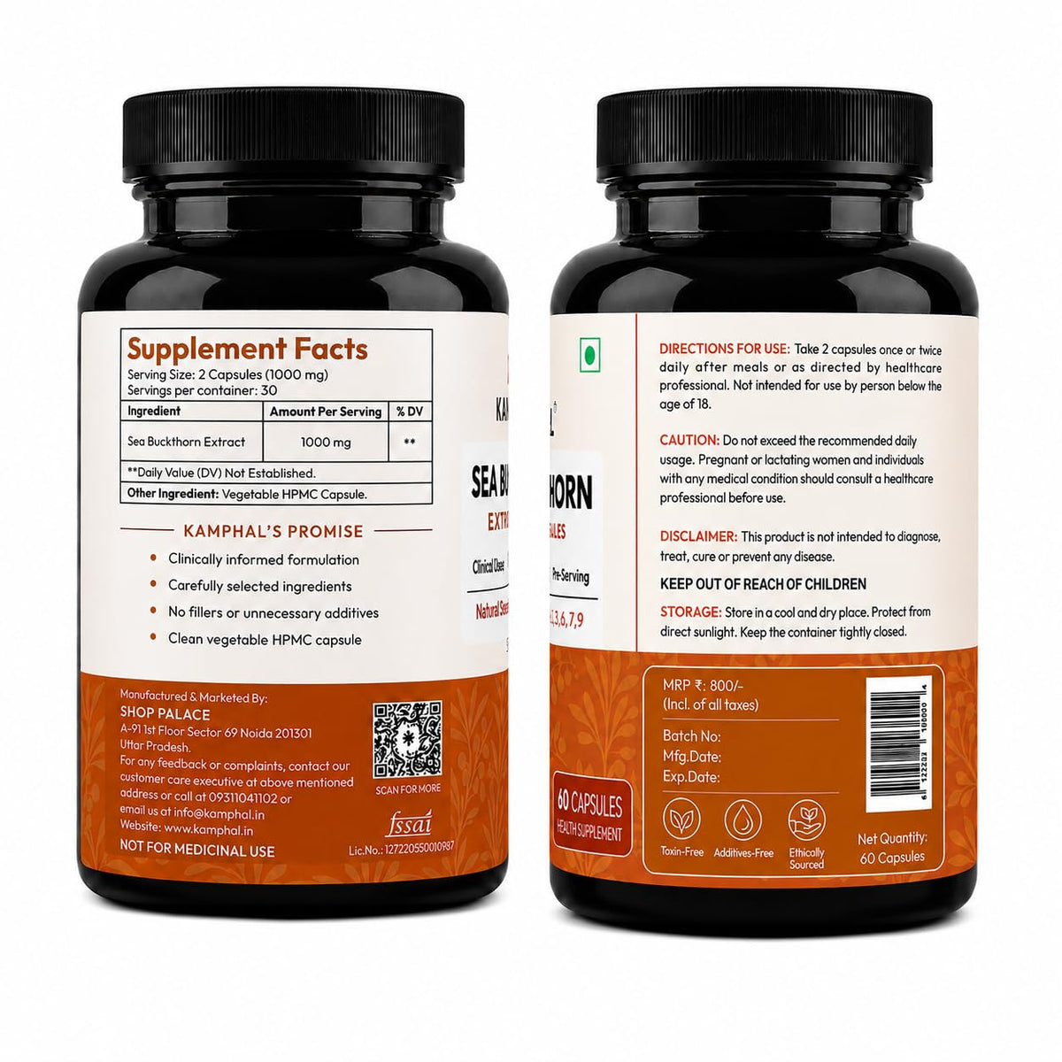 Sea Buckthorn Capsules | 1000mg Per Serving | 10% Flavonoids + Omega 3, 6, 7 & 9 | Antioxidant, Skin & Immunity Support | No Fillers or Additives | 60 Veg Capsules