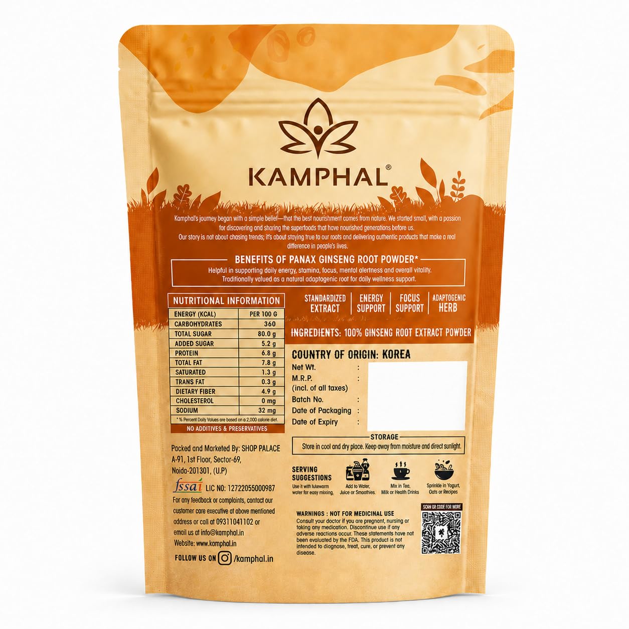 Panax Ginseng Powder 100g | Standardised Extract Korean Red Ginseng Root Powder | Supports Energy, Stamina & Focus | Cognitive Support | Natural Herbal Supplement for Men & Women
