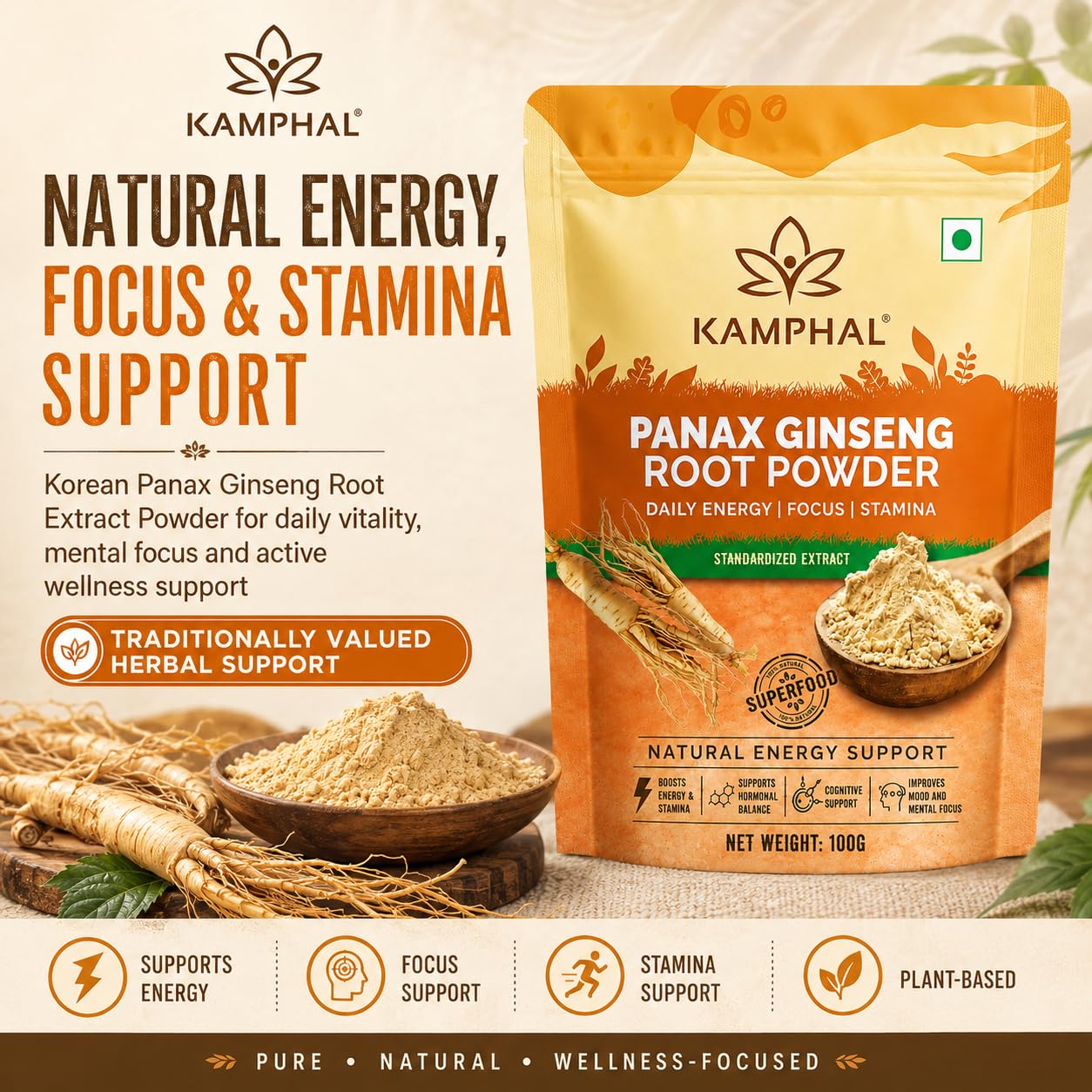 Panax Ginseng Powder 100g | Standardised Extract Korean Red Ginseng Root Powder | Supports Energy, Stamina & Focus | Cognitive Support | Natural Herbal Supplement for Men & Women
