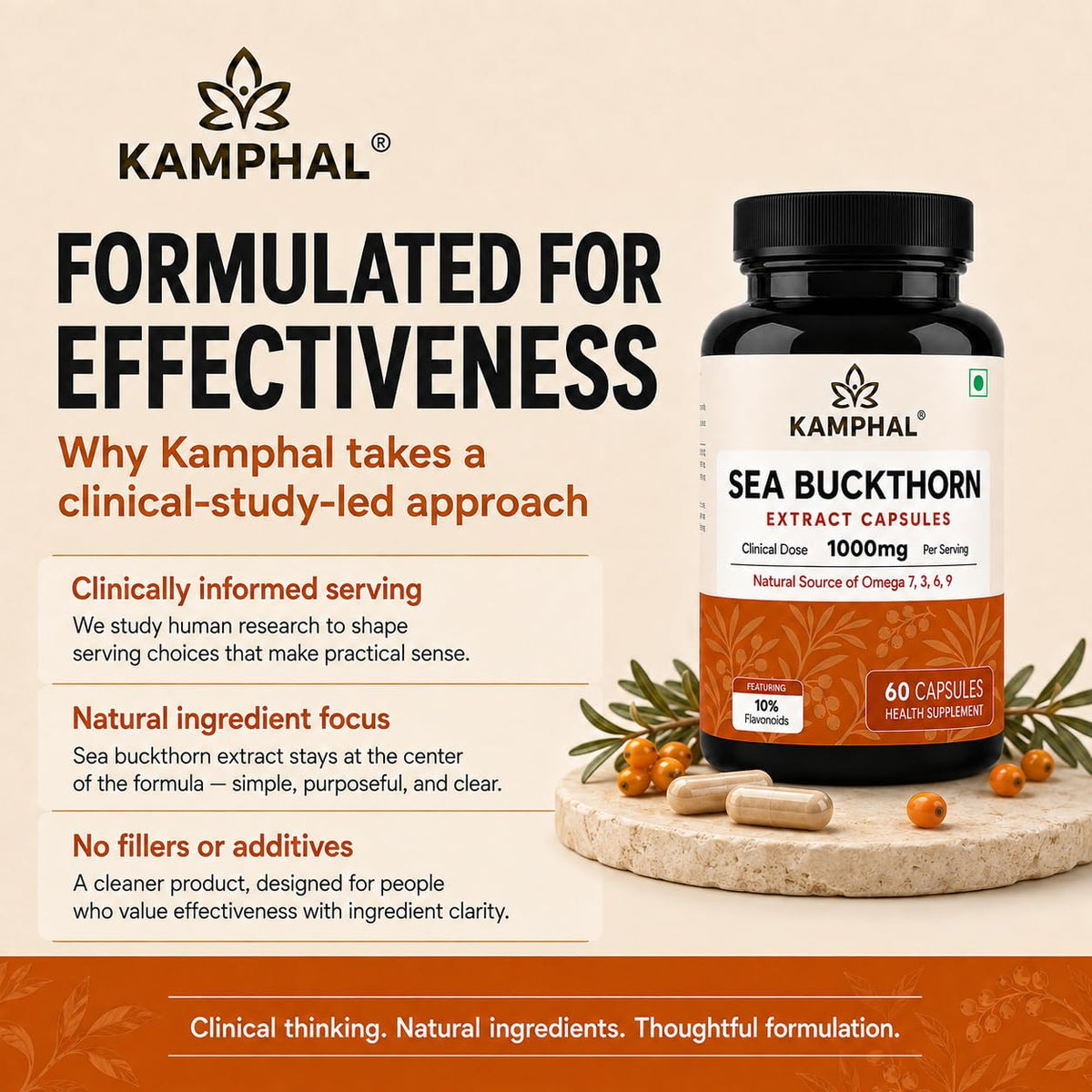 Sea Buckthorn Capsules | 1000mg Per Serving | 10% Flavonoids + Omega 3, 6, 7 & 9 | Antioxidant, Skin & Immunity Support | No Fillers or Additives | 60 Veg Capsules
