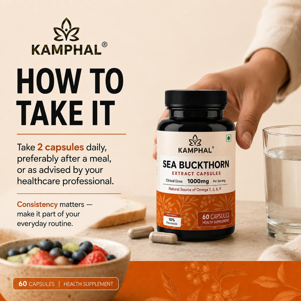Sea Buckthorn Capsules | 1000mg Per Serving | 10% Flavonoids + Omega 3, 6, 7 & 9 | Antioxidant, Skin & Immunity Support | No Fillers or Additives | 60 Veg Capsules