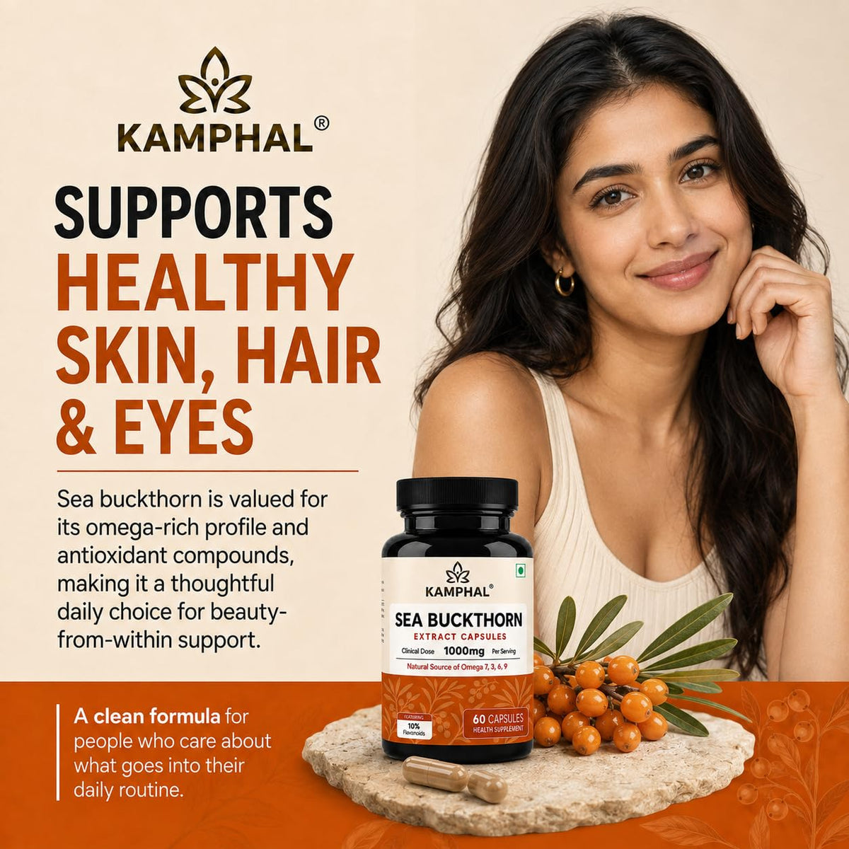 Sea Buckthorn Capsules | 1000mg Per Serving | 10% Flavonoids + Omega 3, 6, 7 & 9 | Antioxidant, Skin & Immunity Support | No Fillers or Additives | 60 Veg Capsules