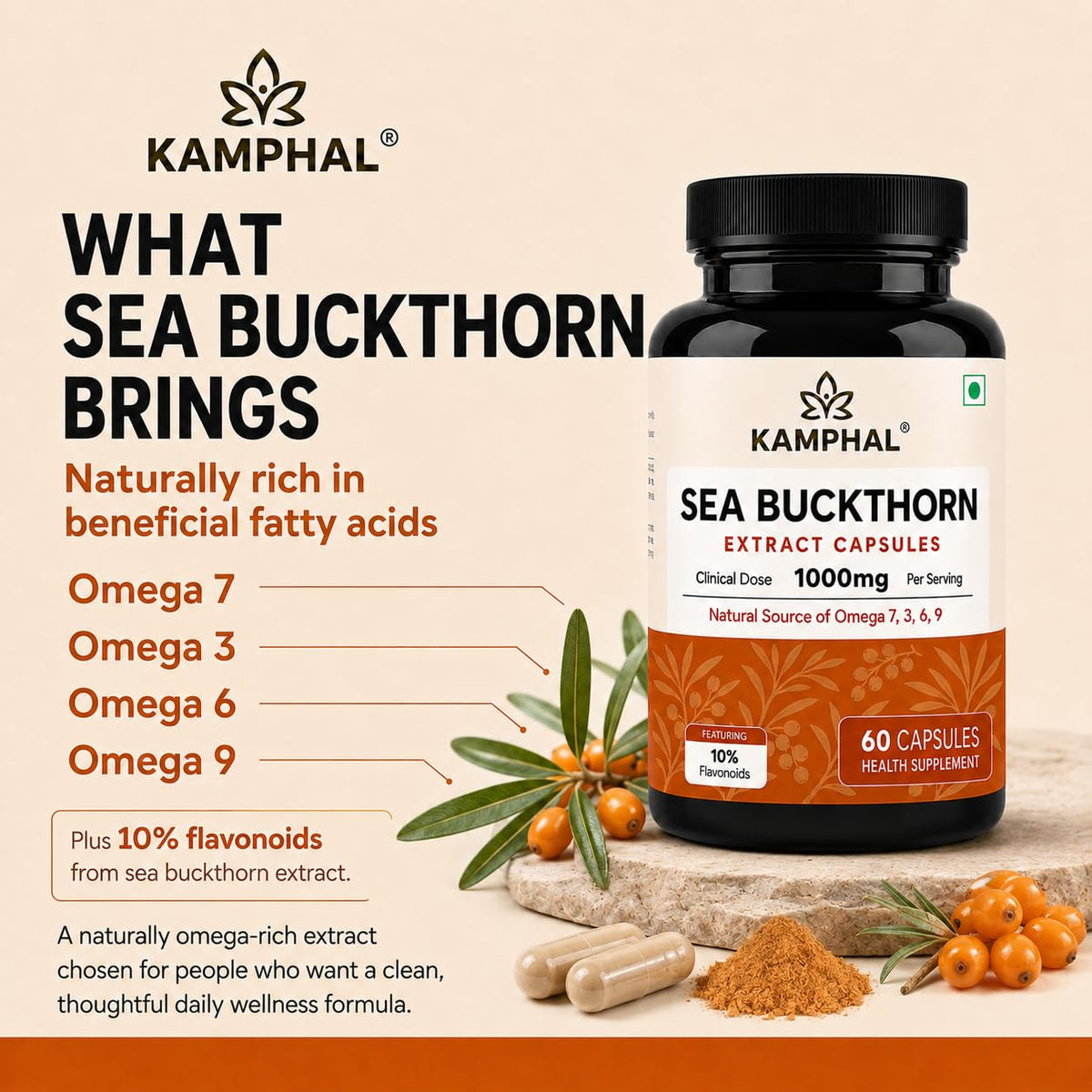 Sea Buckthorn Capsules | 1000mg Per Serving | 10% Flavonoids + Omega 3, 6, 7 & 9 | Antioxidant, Skin & Immunity Support | No Fillers or Additives | 60 Veg Capsules