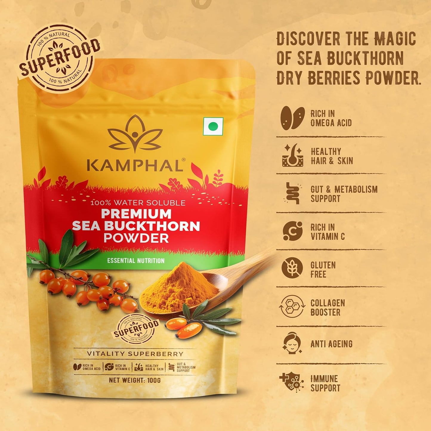 Premium Sea Buckthorn Berry Powder 100 gm | 100% Pure Water Soluble