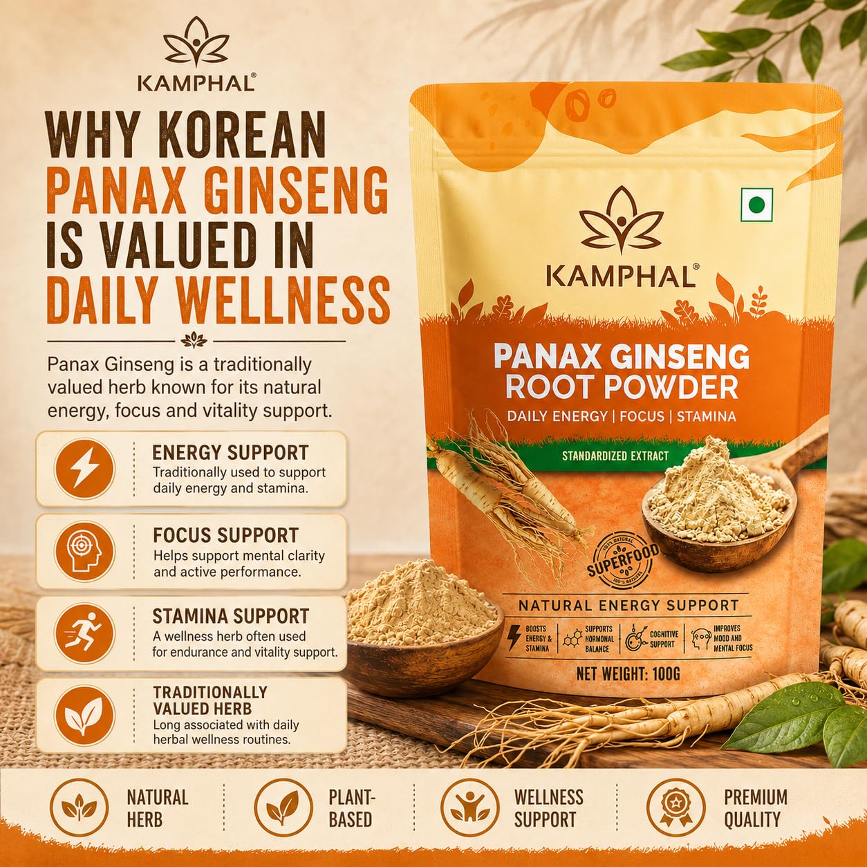 Panax Ginseng Powder 100g | Standardised Extract Korean Red Ginseng Root Powder | Supports Energy, Stamina & Focus | Cognitive Support | Natural Herbal Supplement for Men & Women